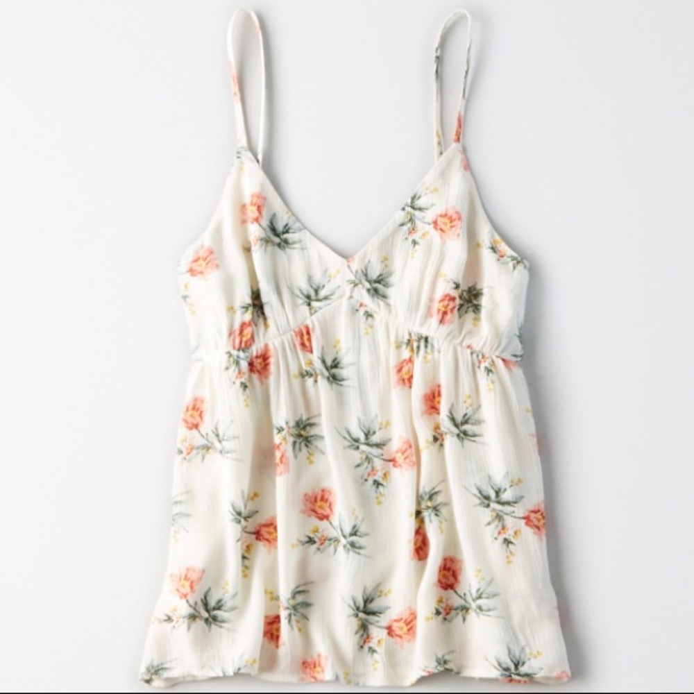 AEO flowy smocked babydoll floral cami camisole blouse tank